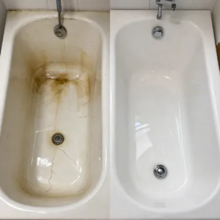 bathtub-replacement-kansas-city-before-and Before and after view of a bathtub replacement in Kansas City.