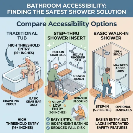 Infographic comparing traditional tub, step-thru shower insert, and basic walk-in shower.