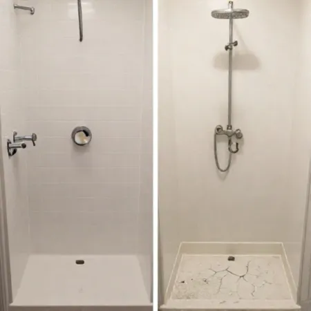 Before and after shower remodeling project showing updated shower area