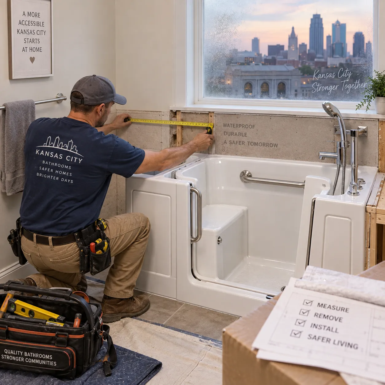 Contractor measuring a walk-in tub installation with safety features in a Kansas City bathroom