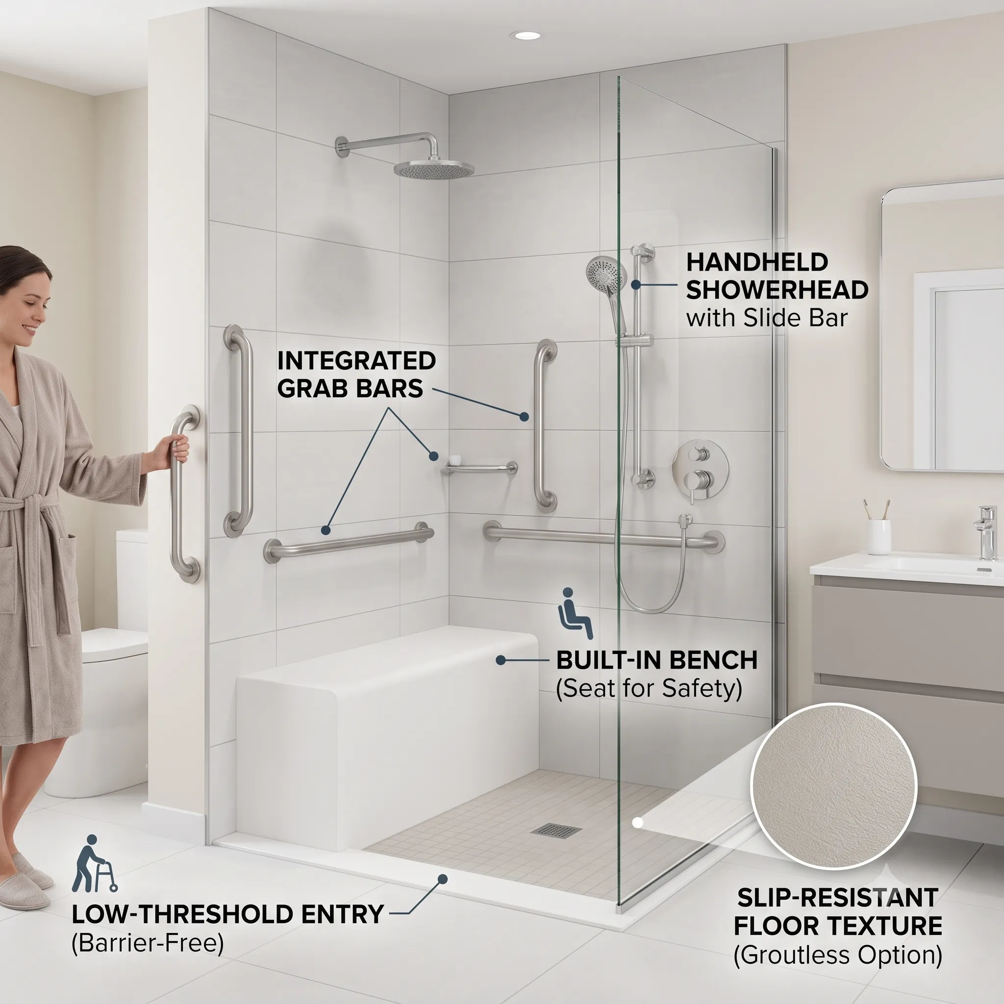 Labeled diagram highlighting safety features of an accessible walk in shower.
