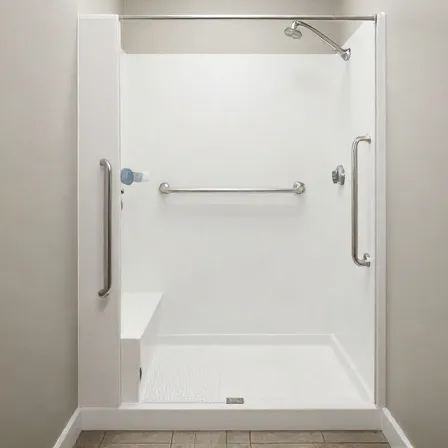 white-walk-in-shower-grab-bars White walk-in shower stall with chrome grab bars and built-in bench.