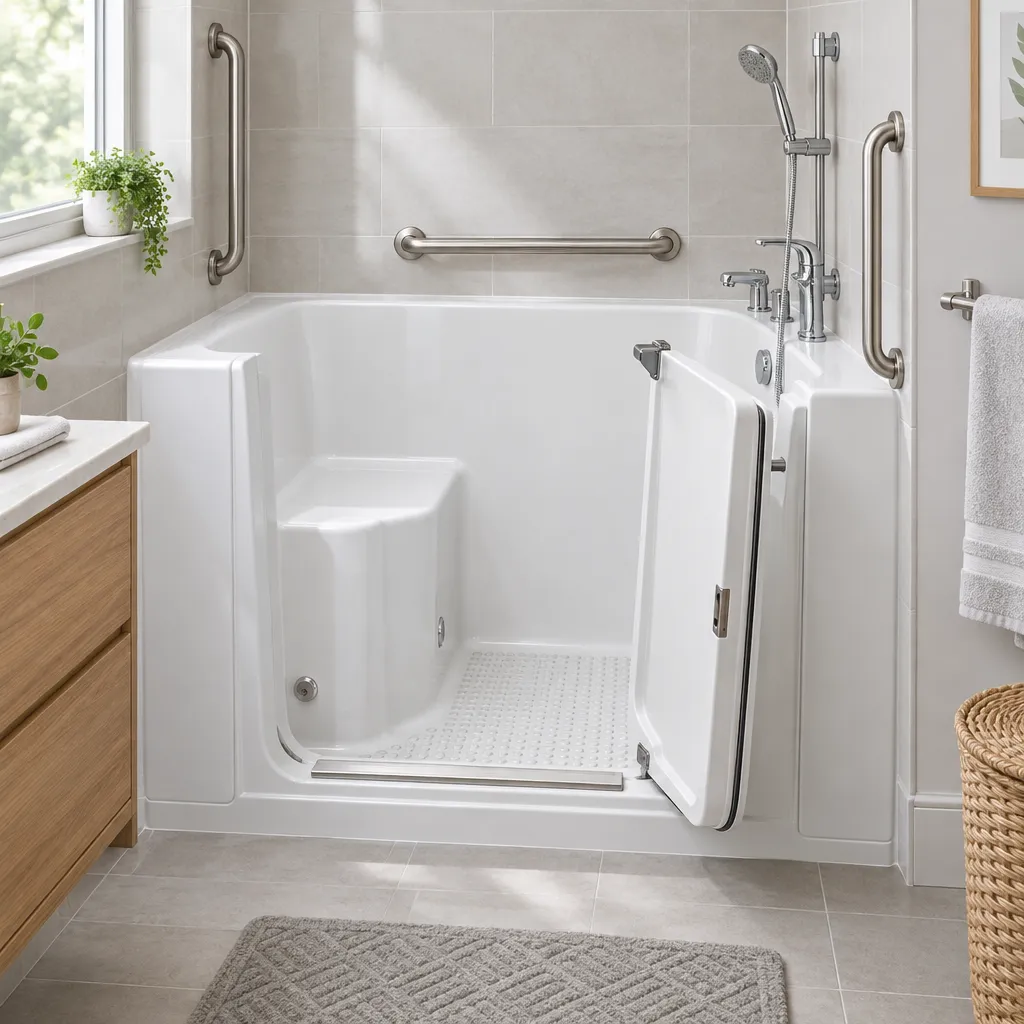 A modern white walk in bathtub with safety grab bars.